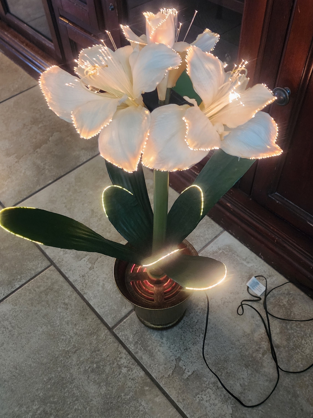 Lighted White Artificial Flower in Pot